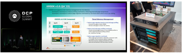 SK하이닉스가 올 10월 미국에서 열린 OCP 글로벌 서밋에서 발표한 HMSDK 2.0 버전. 지난달 SK테크서밋에서 발표한 CXL 시스템 ‘나이아가라 2.0’. 사진=OCP, 강해령 기자