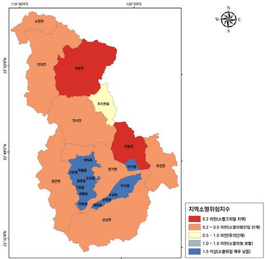세종시 지역 내 소멸위험지역 현황. 자료=대전세종연구원 제공
