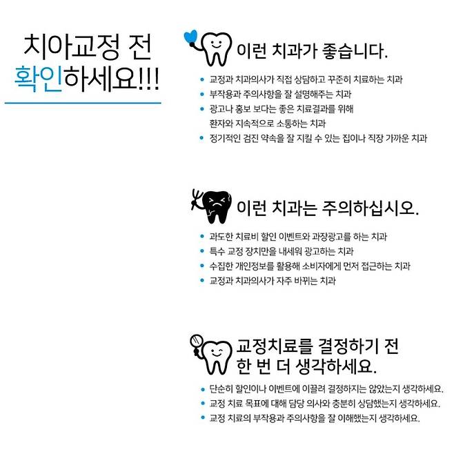 한국소비자원이 지난 8월 대한교정치과학회, 바른이봉사회와 함께 진행한 ‘치아교정, 좋은 교정치과 선택이 중요합니다’ 캠페인 카드뉴스