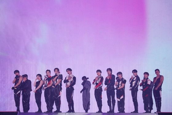 Boy band Seventeen performs during its Fukuoka concert. [PLEDIS ENTERTAINMENT, HYBE JAPAN]