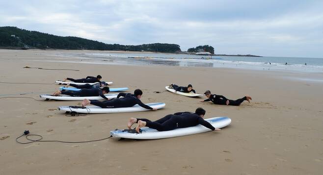 충남 워케이션 참여자들이 태안 만리포해수욕장에서 서핑 체험하는 모습 [충남도 제공. 재판매 및 DB 금지]