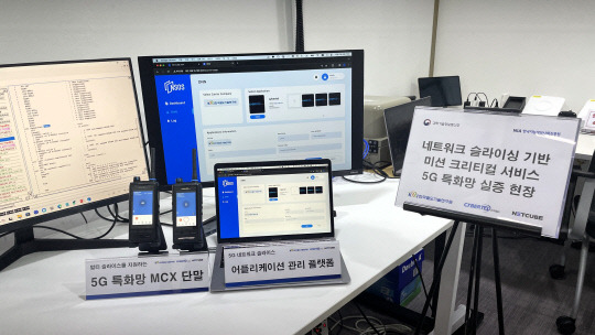 한국철도기술연구원과 사이버텔브릿지, 넷큐브로 구성된 컨소시엄이 경기 판교 NIA 5G 융합서비스 테스트베드에서 '네트워크 슬라이싱 기반 미션 크리티컬 서비스 기술'을 실증하고 있다.  NIA 제공