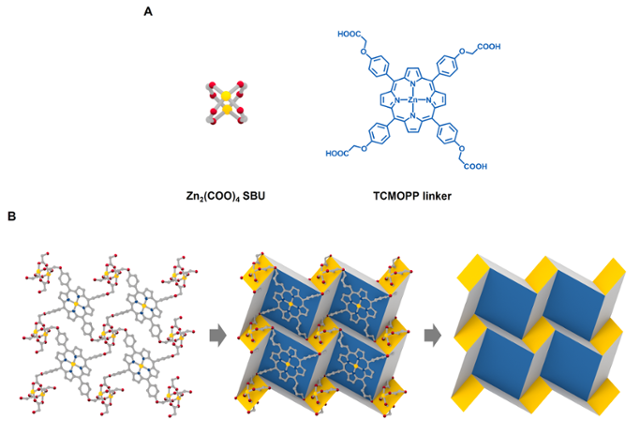 금속(A 왼쪽)을 연결점(노드) 삼아 유기물질 리간드(A 오른쪽)를 연결시켜 만들어진 2차원 금속-유기 골격체(B 왼쪽). 특정 조건에서는 마치 종이접기를 하듯 일정한 패턴으로 접힐 수 있다(B 가운데, 오른쪽). 울산과학기술원(UNIST) 제공