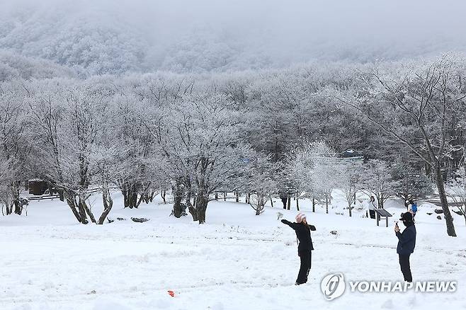 눈의 천국 한라산 (제주=연합뉴스) 박지호 기자 = 18일 오전 제주 한라산 어리목탐방안내소를 찾은 이들이 폭설이 만들어낸 절경을 감상하고 있다. 2023.12.18 jihopark@yna.co.kr