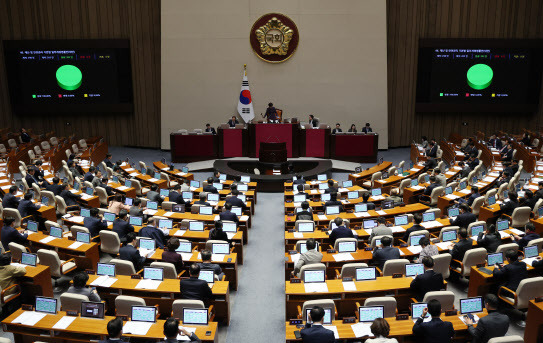 20일 오후 서울 여의도 국회에서 열린 제411회국회(임시회) 제1차 본회의에서 재난 및 안전관리 기본법 일부개정법률안(대안)이 재적 298인, 재석 203인, 찬성 203인으로 가결되고 있다.(사진=뉴시스)