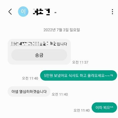 자영업자 A씨가 지난해 7월2일 이모씨와 나눈 문자 내역. 송금을 받은 사기범 이씨는 이내 연락이 두절됐다.[사진=피해자 제공]