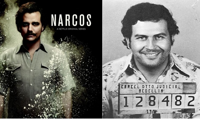 넷플릭스 드라마 <나르코스>의 파블로 에스코바르(왼쪽) 포스터와 실제 모습(오른쪽). 넷플릭스/위키백과 제공.