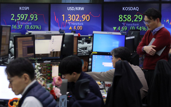 Screens in Hana Bank's trading room in central Seoul show stock and foreign exchange markets open on Thursday. [YONHAP]