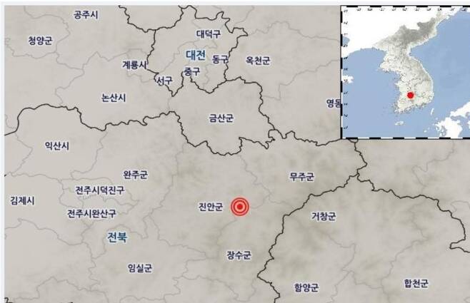 23일 오전 4시34분 전북 장수군 북쪽 17km 지역에서 규모 3.0의 지진이 발생했다.뉴스1