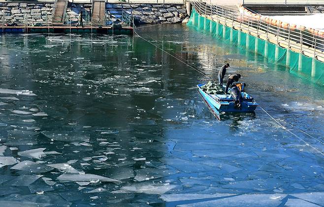 22일 화천산천어축제장 그물 작업 [촬영 이상학 기자]