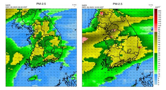 26일 오전 6시(왼쪽), 오후 6시(오른쪽) 초미세먼지(PM-2.5) 농도 예측도. 사진 에어코리아