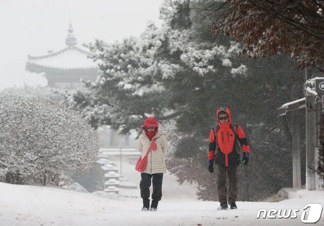 성탄절이었던 지난 25일 오전 경기 수원시 팔달구 팔달산에 눈이 내리고 있다. /사진=뉴스1