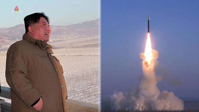 [서울=뉴시스] 조선중앙TV가 지난 18일 발사된 신형 ICBM 화성-18형 발사 장면을 19일 보도했다. 이날 발사에는 김정은 북한 국무위원장과 부인 리설주 씨, 딸 주애 양이 동행했다. (사진=조선중앙TV 캡처) 2023.12.19. photo@newsis.com *재판매 및 DB 금지