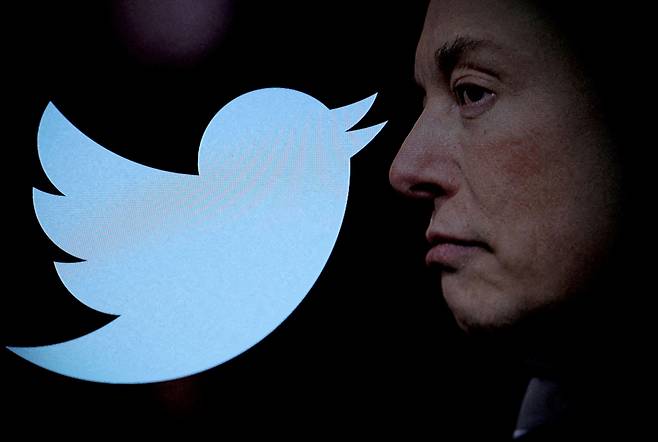 작년 10월 트위터를 인수한 일론 머스크 테슬라 최고경영자(CEO)와 트위터 로고 일러스트. /연합뉴스