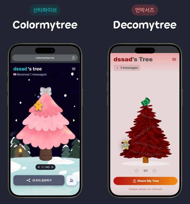 사업 베끼기 논란을 빚고 있는 산타파이브의 '내 트리를 꾸며줘'(왼쪽)와 언박서즈의 '데코 마이 서비스' 비교 그림. 산타파이브 제공