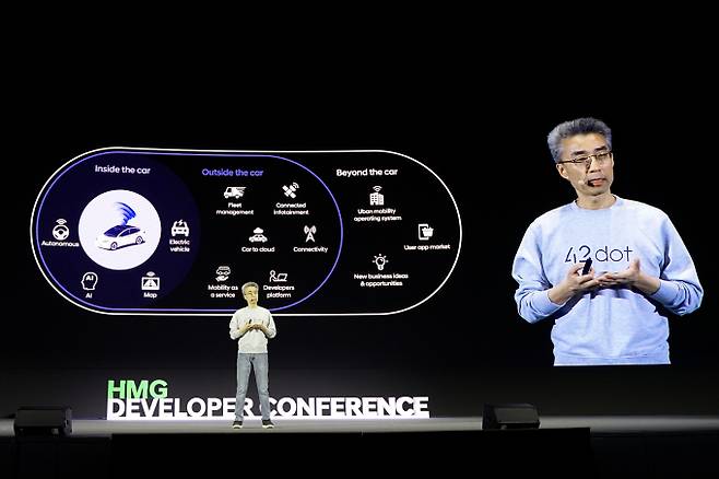 포티투닷이 CES 2024에 참가해 SDV 전략 방향성과 내재화 기술 등을 공개한다. 사진은 최근 열린 현대차그룹 개발자 컨퍼런스에 나섰던 송창현 포티투닷 사장. /사진=포티투닷