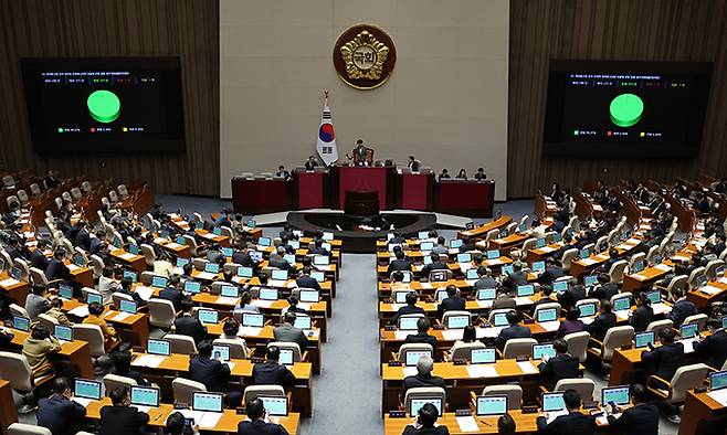 28일 서울 여의도 국회에서 열린 제411회국회(임시회) 제3차 본회의에서 옥외광고물 등의 관리와 옥외광고산업 진흥에 관한 법률 일부개정법률안(대안)이 재적 298인, 재석 275인, 찬성 273인, 반대 1인, 기권 1인으로 가결되고 있다. 뉴시스