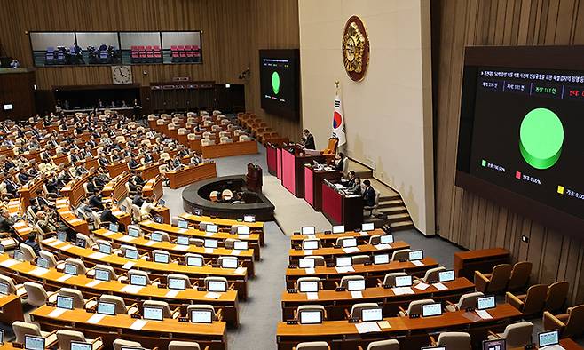 28일 서울 여의도 국회에서 열린 본회의에서 국민의힘 의원들이 퇴장한 가운데 대장동 ‘50억 클럽’ 의혹 수사를 위한 특별검사(특검)법이 더불어민주당 등 야권 주도로 처리되고 있다. 서상배 선임기자