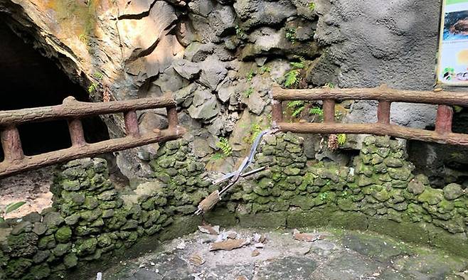 제주 만장굴 탐방로 입구에 떨어진 낙석으로 파손된 난간 모습. 세계유산본부 제공