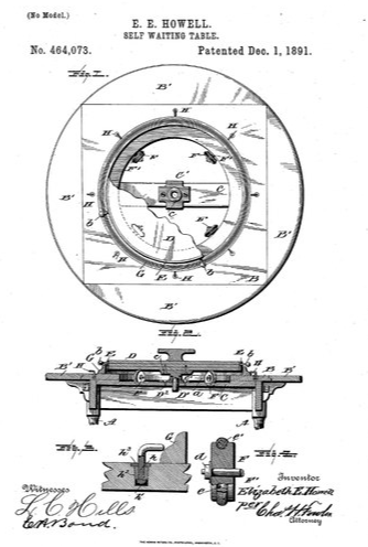엘리자베스 하웰이 1891년 특허 출원한 ‘셀프 웨이팅 테이블’. 현대적 레이지 수잔 디자인을 보여주는 자료다. [사진 출처=구글 특허]