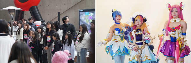 (왼쪽부터) 서울 DDP 어울림광장에서 열린 K-POP 댄싱 챌린지에 참가한 학생들, 아트홀1에서 LOL 캐릭터 코스프레를 한 모델들. /더비비드