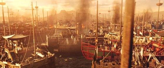 영화 '노량: 죽음의 바다'에는 '명량'(2014) '한산: 용의 출현'(2022)까지 지난 10년간 3부작을 완성한 제작진의 해전 구현 기술력이 집대성됐다. 사진속 해전 장면은 풀 디지털 그래픽으로 제작됐다. 사진 에이스메이커무비웍스, 롯데엔터테인먼트