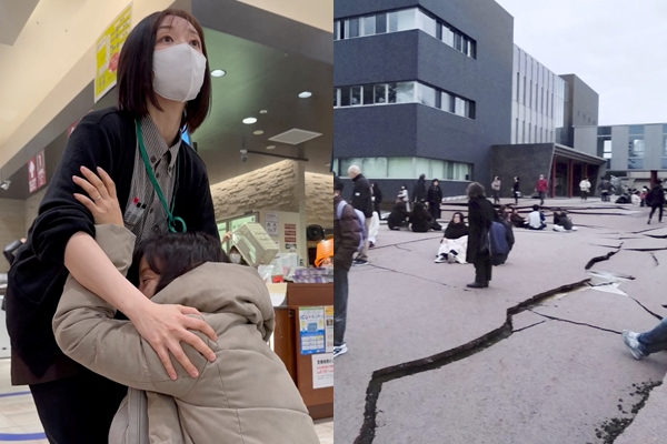 일본 이시카와 가나자와의 한 상점에서 1일 발생한 지진에 놀란 여성이 주저앉아 다른 여성의 부축을 받고 있다(왼쪽 사진). 오른쪽 사진은 이시카와현 노토반도의 와지마에서 지진으로 땅이 갈라진 공터로 대피한 주민들. 로이터연합뉴스