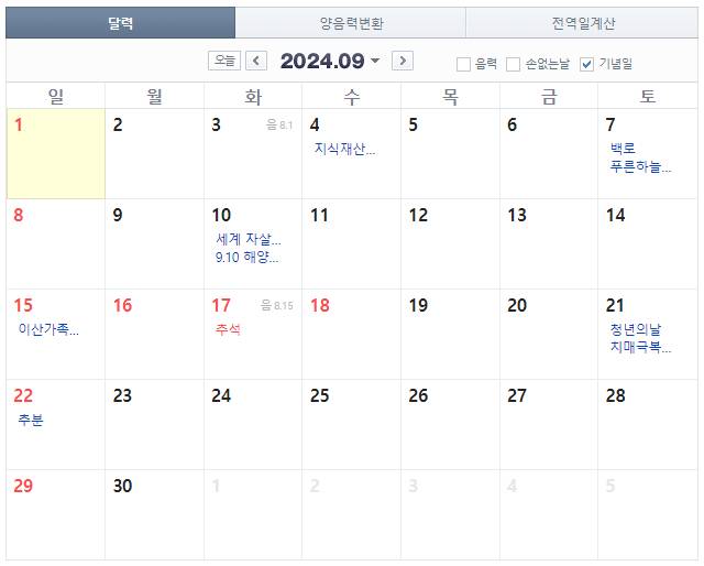 올해 최장 연휴는 9월17일부터 총 5일을 쉬는 추석이다. /사진=네이버 달력 캡처