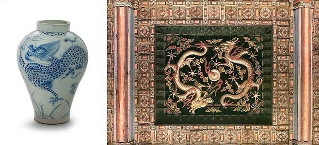 2024년 새해는 갑진년, 푸른 용(청룡)의 해다. 용은 다채로운 상징, 의미를 지닌채 우리와 유구한 역사를 함께 하고 있다. 사진은 푸른색 청화안료로 용과 구름을 그린 ‘백자 청화 구름·용무늬 항아리’(18세기, 왼쪽)와 경복궁 근정전 천장을 장식하고 있는 용의 모습.  국립민속박물관·문화재청 제공