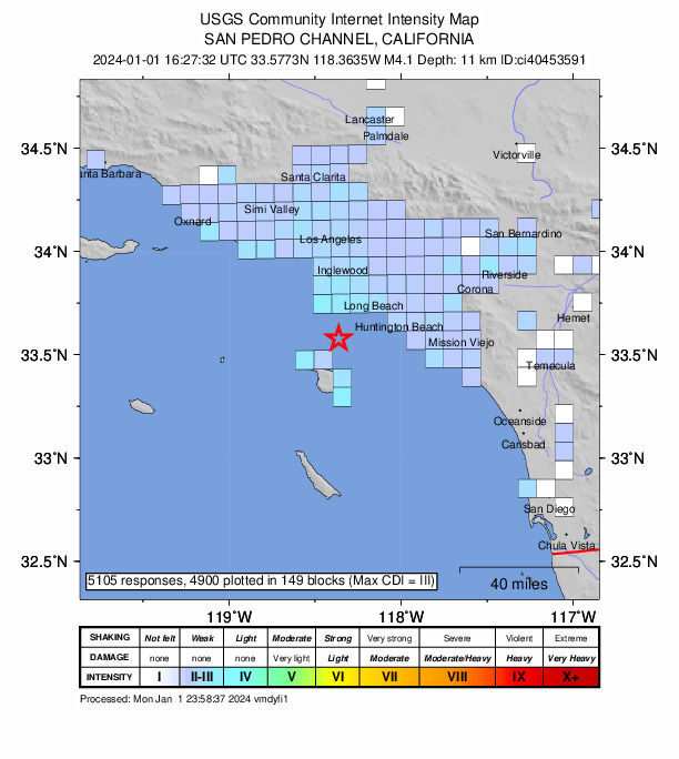 [서울=뉴시스] 새해 첫 날인 1일 미국 캘리포니아주 로스앤젤레스(LA) 인근 해상에서 규모 4.1의 지진이 발생했다고 미국 로스앤젤레스타임스가 1일(현지시간) 전했다. 사진은 미국 지질조사국(USGS)이 발표한 진앙지의 위치(빨간색 별 표시). (사진=미국 지질조사국) 2023.01.02. *재판매 및 DB 금지