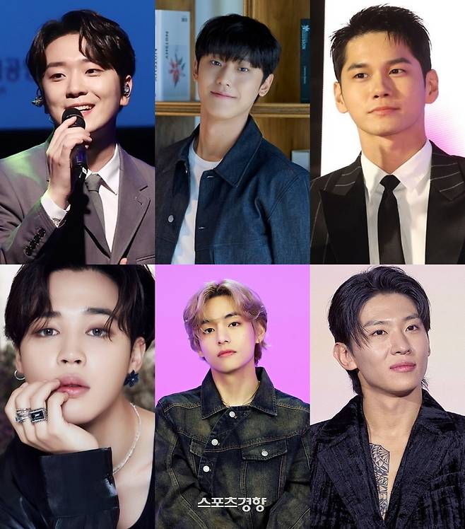 고우림, 이도현, 옹성우, BTS 지민, BTS 뷔, 덱스 (왼쪽 위부터)