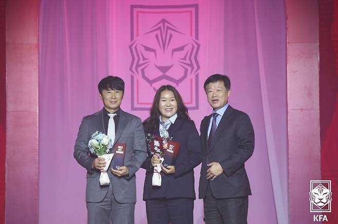 ▲ 올해의 선수상 남녀 부문을 받은 김민재와 천가람(사진 위), 지도자상을 수상한 김기동, 김은숙 감독(사진 아래) ⓒ대한축구협회