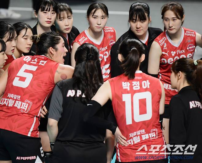 절망감에 빠진 선수들을 외국인 선수 야스민이 불러 모았다. 장충체=정재근 기자 cjg@sportschosun.com