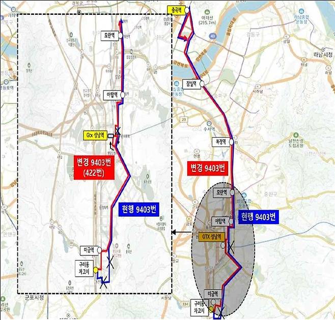 광역 9403번→ 간선 422번 노선변경안 [광진구 제공. 재판매 및 DB 금지]