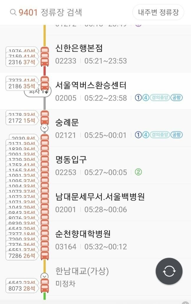 3일 밤 11시께 서울역~명동입구 구간에 정체된 버스 현황 갈무리. 김수진 전국자동차노동조합연맹 경기경남여객노조 조합장 제공