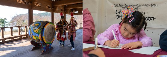 갑옷을 입고 관음루의 북을 두드리는 아이들(왼쪽). 이순신의 명언을 쓰는 체험 프로그램도 있다.