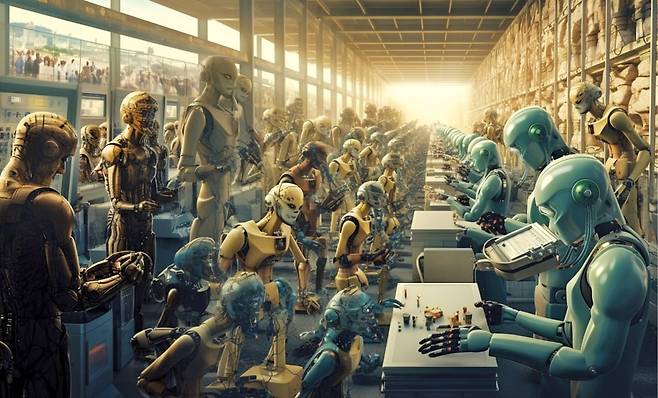 < “인공지능, 선택이 아닌 필수”…산업계 지도 다시 그리는 AI  > 정보기술(IT) 기업부터 패스트푸드 회사에 이르기까지 산업계의 화두는 인공지능 전환(AIX)이다. AI는 기업의 선택이 아니라 생존 차원의 문제다. 십수 년 전 모바일 혁명과 함께 등장한 빅테크는 헤게모니를 놓지 않기 위해 안간힘을 쓰고 있다. 이들의 자리를 차지하기 위한 스타트업의 반격도 거세다. 새로운 시대의 패자는 누가 될 것인가. 이미지 생성형 AI ‘미드저니’에 ‘미래 공장에서 생산을 주도하는 AI’를 그려달라는 프롬프트를 입력했다.   미드저니