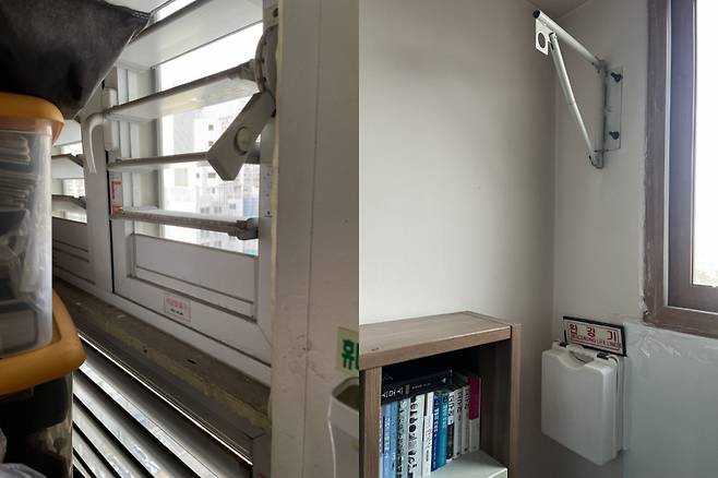 서울 은평구에 사는 민모씨(26) 아파트에는 화재 발생 시 빠져나갈 수 있는 비상탈출 창문이 있지만 현재는 옷가지에 가려져 있다(왼쪽). 박씨 집에는 완강기가 있지만 바로 옆에 책장이 붙어있어 문이 열리지 않았다. (오른쪽). /사진=독자제공