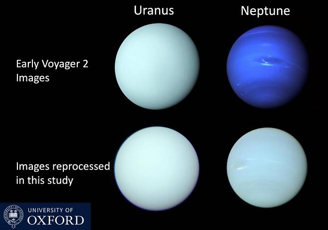보이저2호가 촬영한 천왕성(Uranus)과 해왕성(Neptune) (위), 이번 연구로 드러난 두 행성의 실제 색깔(아래). 옥스퍼드대 제공