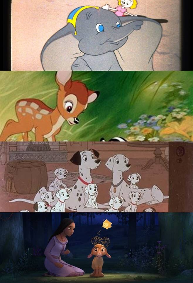 영화 '덤보', '밤비', '101마리의 달마시안 개', '위시' 스틸컷.