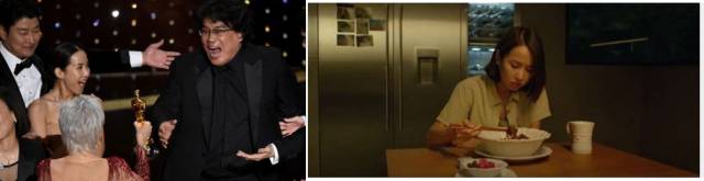영화 '기생충'으로 아카데미 작품상을 수상하고 있는 봉준호(왼쪽) 감독과 '기생충'의 한 장면. 사진 제공=CJ