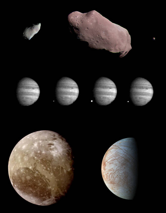 그림 4. 갈릴레오호가 찍은 사진들. 위: 가스프라 소행성(왼쪽)과 이다 소행성(오른쪽). 이다 소행성 주위를 도는 위성인 다크틸(오른쪽 끝)도 갈릴레오호의 사진에서 발견했다. 중간: 슈메이커-레비 혜성이 목성과 충돌하는 장면. 아래: 목성의 위성인 가니메데와 유로파. 사진 출처: NASA