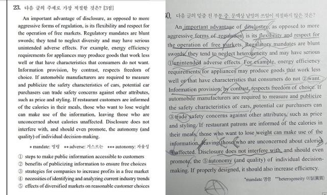 재작년(2023학년도) 대학수학능력시험 영어 23번 문제(왼쪽 사진)와 온라인 커뮤니티에 올라온 입시학원 유명 강사 모의고사 문제. 캐스 선스타인 하버드대 로스쿨 교수의 2020년 저서인 '투 머치 인포메이션'에서 같은 구절이 쓰였다. 한국일보 자료사진