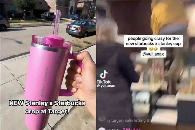 틱톡에 올라온 스탠리와 스타벅스가 협업해 만든 밸런타인데이 기념 한정판 퀀처 텀블러 구매 현장 모습. 한 남성이 카운터 안으로 갑자기 뛰어들어가 컵을 가지고 달아나는 모습이 공개됐다. /출처=틱톡