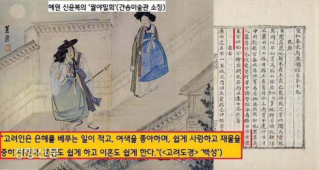 <고려도경>은 “고려인은 은혜를 베푸는 일이 적고, 여색을 좋아하며 쉽게 사랑하고 재물을 중히 여기며 혼인도, 이혼도 쉽게 한다”고 꼬집었다. 그림은 혜원 신윤복의 ‘월야밀회’.|간송미술관 소장