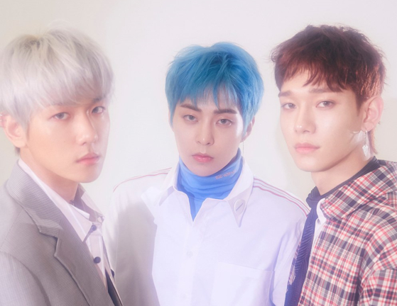 Members Baekhyun, Ximuin and Chen of boy band EXO's subunit EXO-CBX [SM ENTERTAINMENT]