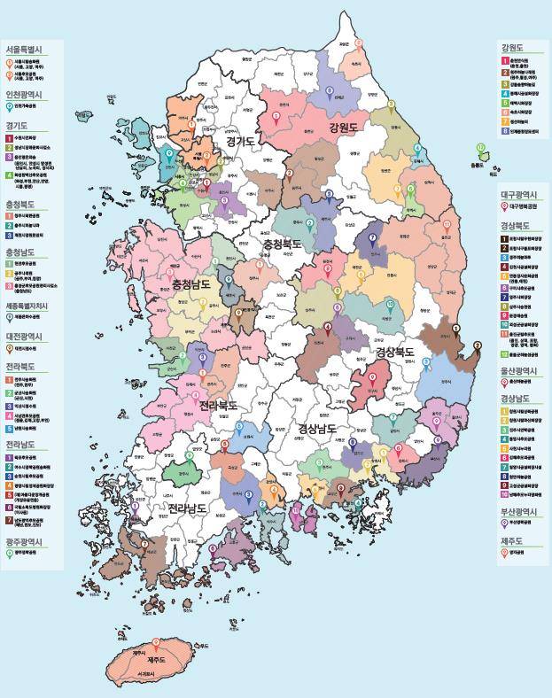 전국 화장시설 현황. 같은 색으로 표시한 지역은 인접 화장시설에서 관내화장 가능지역이고, 색이 없는 지역은 관내화장시설이 없는 곳이다 /사진제공=보건복지부