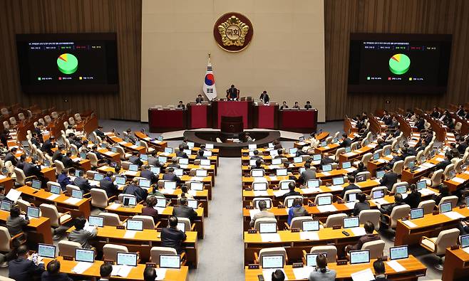 9일 오후 서울 여의도 국회 본회의장에서 열린 제411회국회(임시회) 4차 본회의에서 '화학물질의 등록 및 평가 등에 관한 법률 일부개정법률안(대안) '이 가결되고 있다./뉴시스