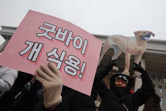 개 식용 종식을 위한 국민행동 활동가들이 9일 서울 여의도 국회 본관 계단 앞에서 개식용 종식 특별법 제정 환영 기자회견을 하고 있다. 뉴스1