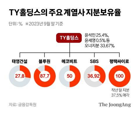 TY홀딩스의 주요 계열사 지분보유율 그래픽 이미지. [자료제공=금융감독원]